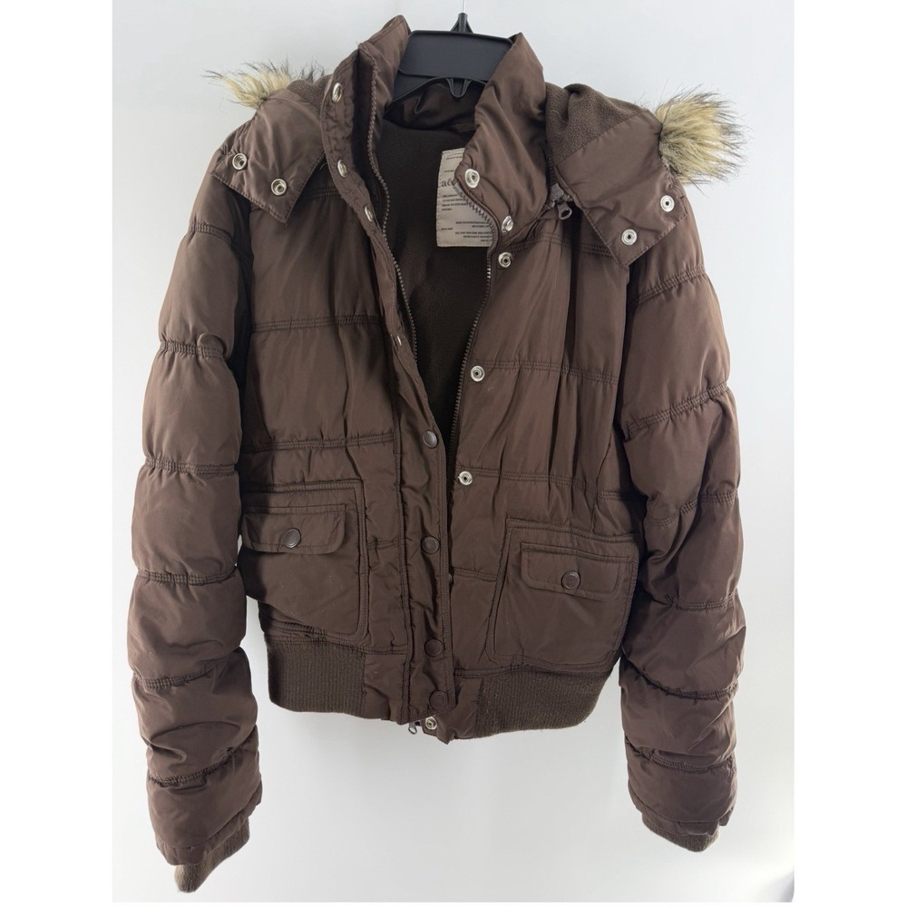 VTG American Eagle Outfitters Womens Hood Puffer Brown Down Jacket XL Faux Fur